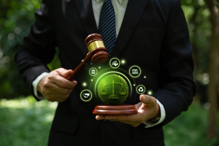 Judge,Striking,Gavel,With,Environmental,Icons,,Environmental,Law,And,International